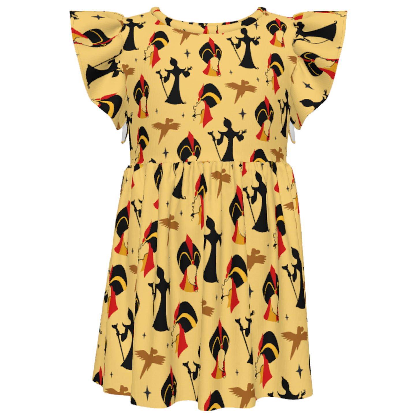 Jafar Girls Ruffle Dress, Aladdin Villain Pattern Yellow Twirl Dress