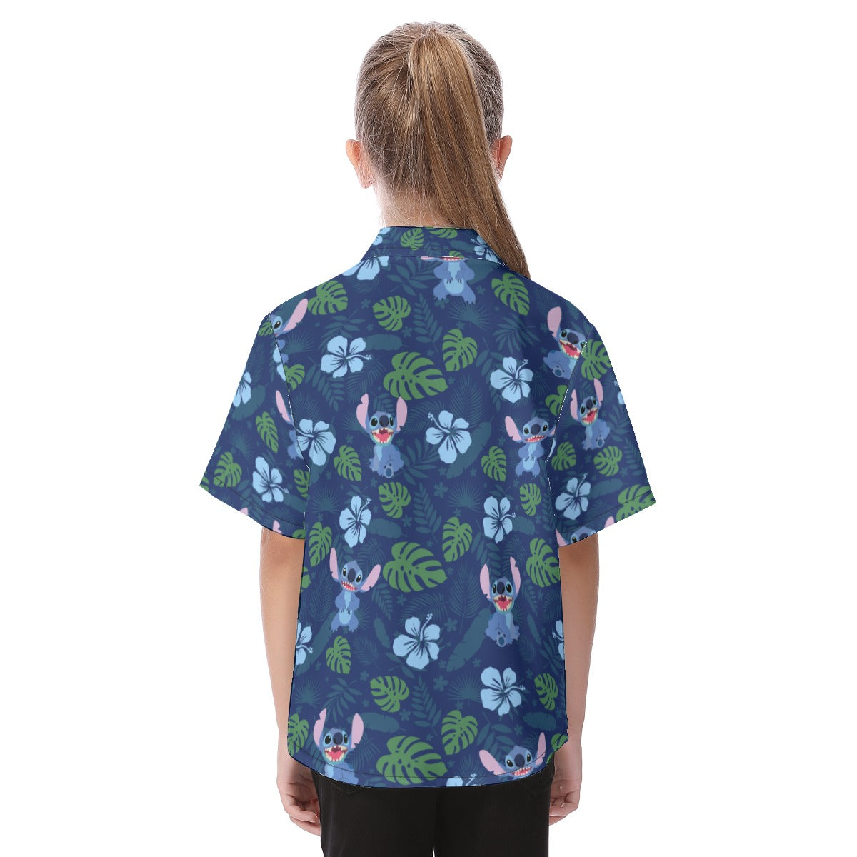 Stitch Button Up Kids Shirt, Blue Flower & Green Leaf Hawaii Pattern, Disney Lilo Stitch Cosplay, Tropical Hawaiian Costume, Aloha Outfits