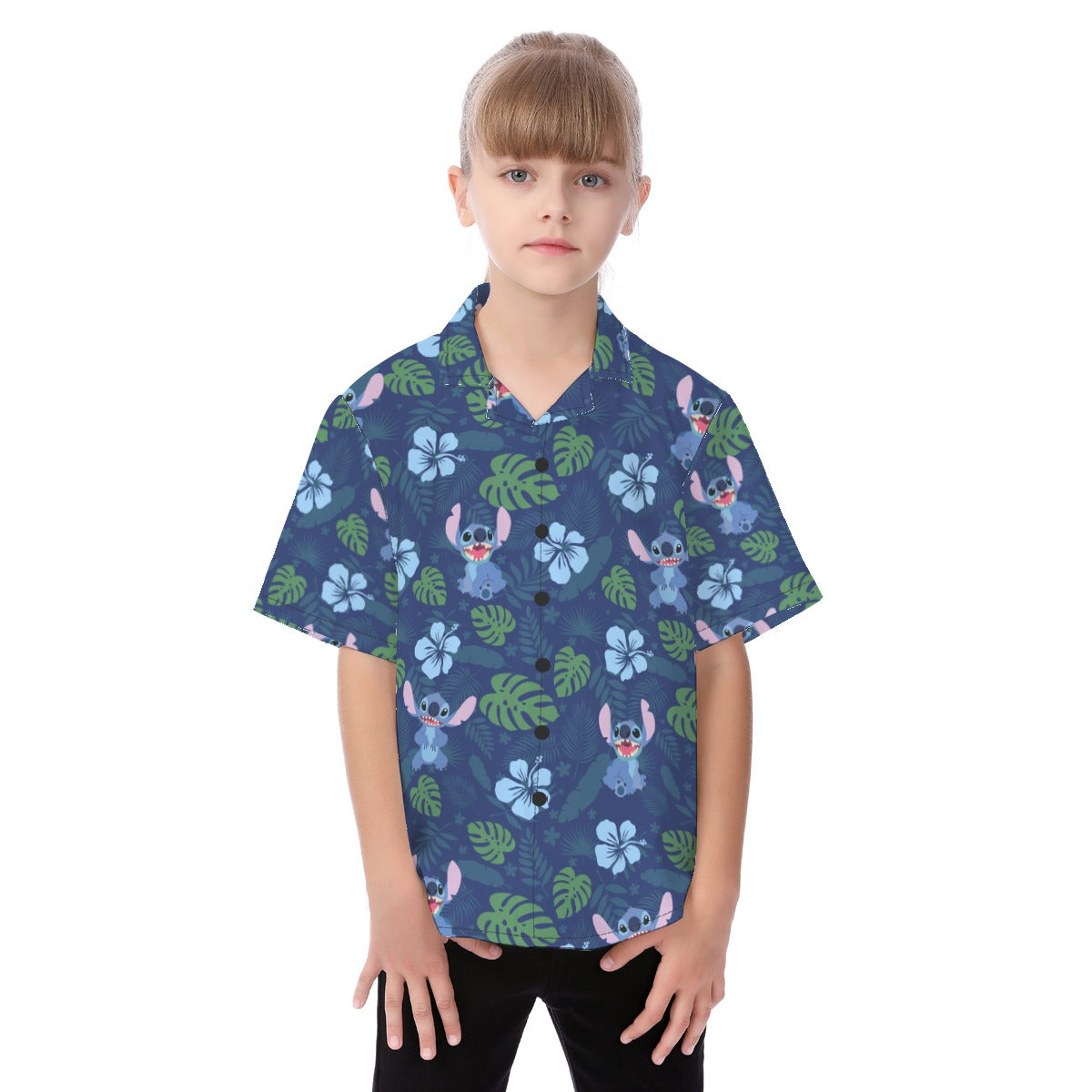 Stitch Button Up Kids Shirt, Blue Flower & Green Leaf Hawaii Pattern, Disney Lilo Stitch Cosplay, Tropical Hawaiian Costume, Aloha Outfits