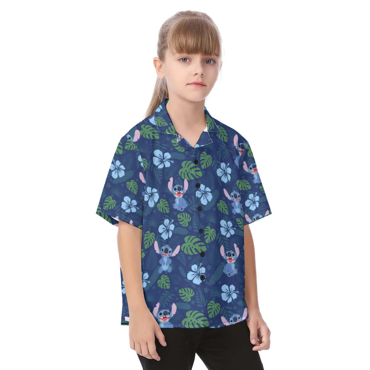 Stitch Button Up Kids Shirt, Blue Flower & Green Leaf Hawaii Pattern, Disney Lilo Stitch Cosplay, Tropical Hawaiian Costume, Aloha Outfits