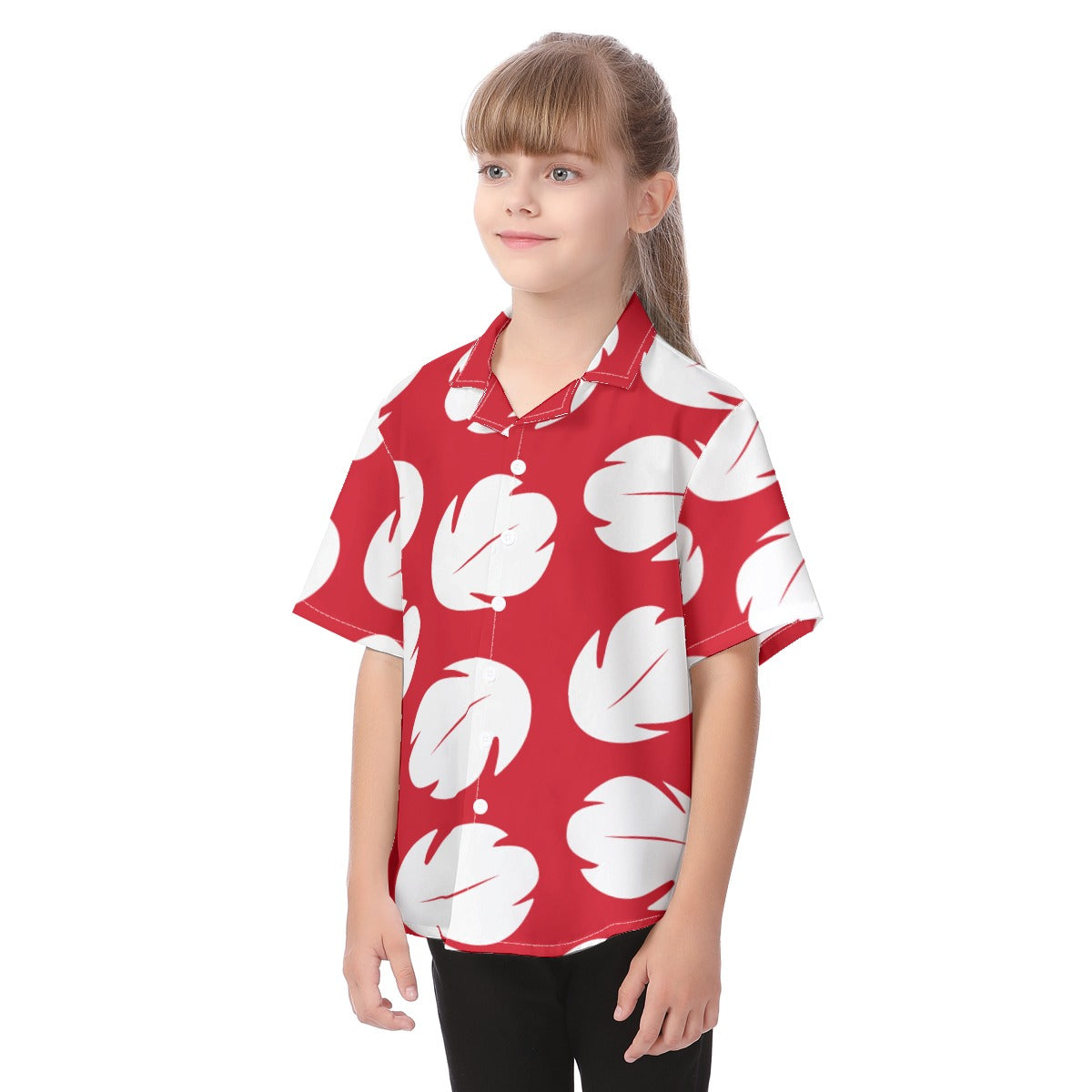Lilo Button Up Kids Shirt, Red & White Leaf Hawaii Pattern, Disney Lilo and Stitch Cosplay, Tropical Hawaiian Costume, Pixar Aloha Outfits