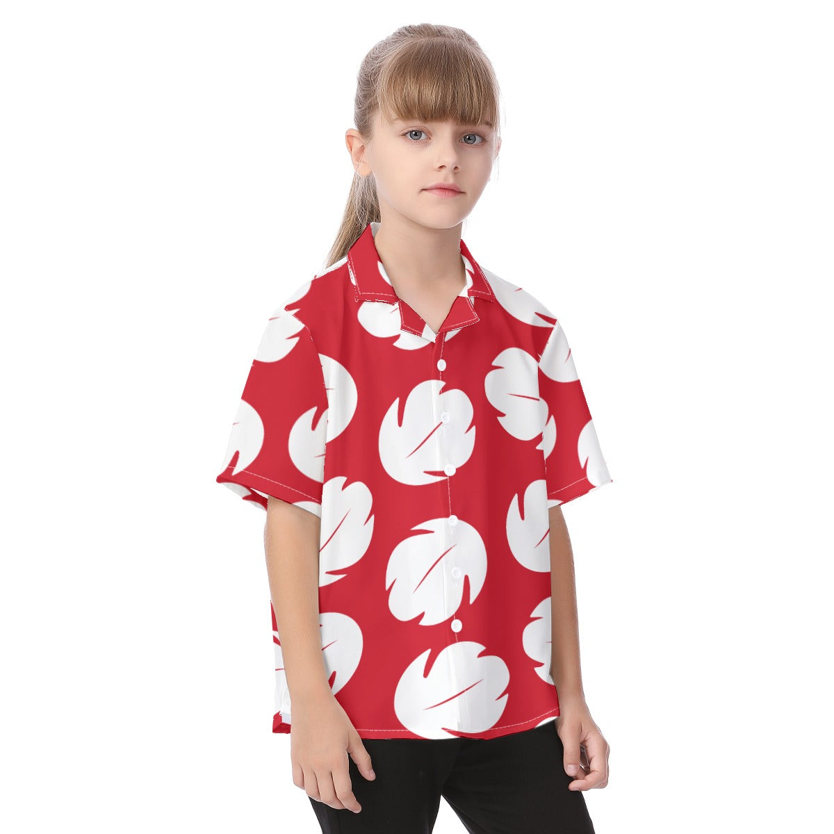 Lilo Button Up Kids Shirt, Red & White Leaf Hawaii Pattern, Disney Lilo and Stitch Cosplay, Tropical Hawaiian Costume, Pixar Aloha Outfits