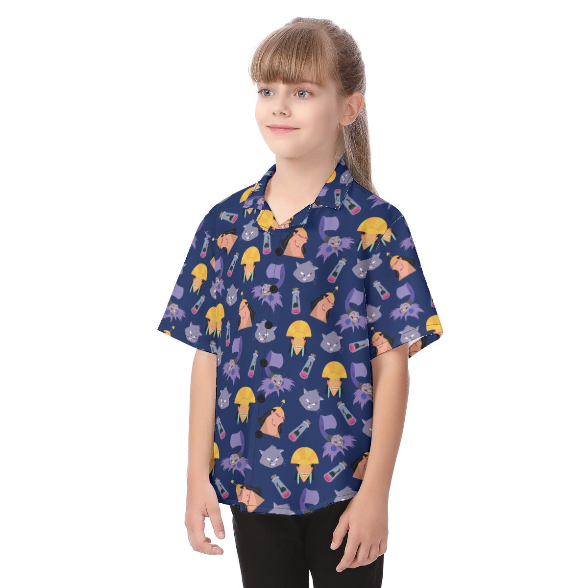 Yzma and Kuzco Button Up Kids Shirt, The Emperor's New Groove Costume, Halloween Aloha Shirt, Summer Trip Family Hawaiian, Characters Outfit