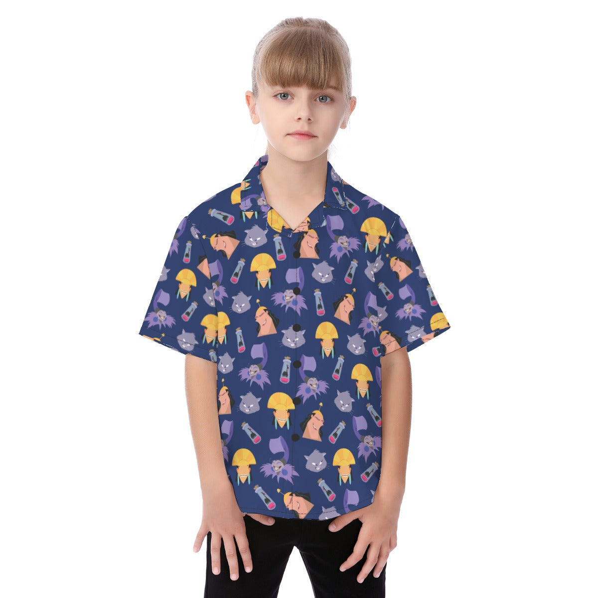 Yzma and Kuzco Button Up Kids Shirt, The Emperor's New Groove Costume, Halloween Aloha Shirt, Summer Trip Family Hawaiian, Characters Outfit
