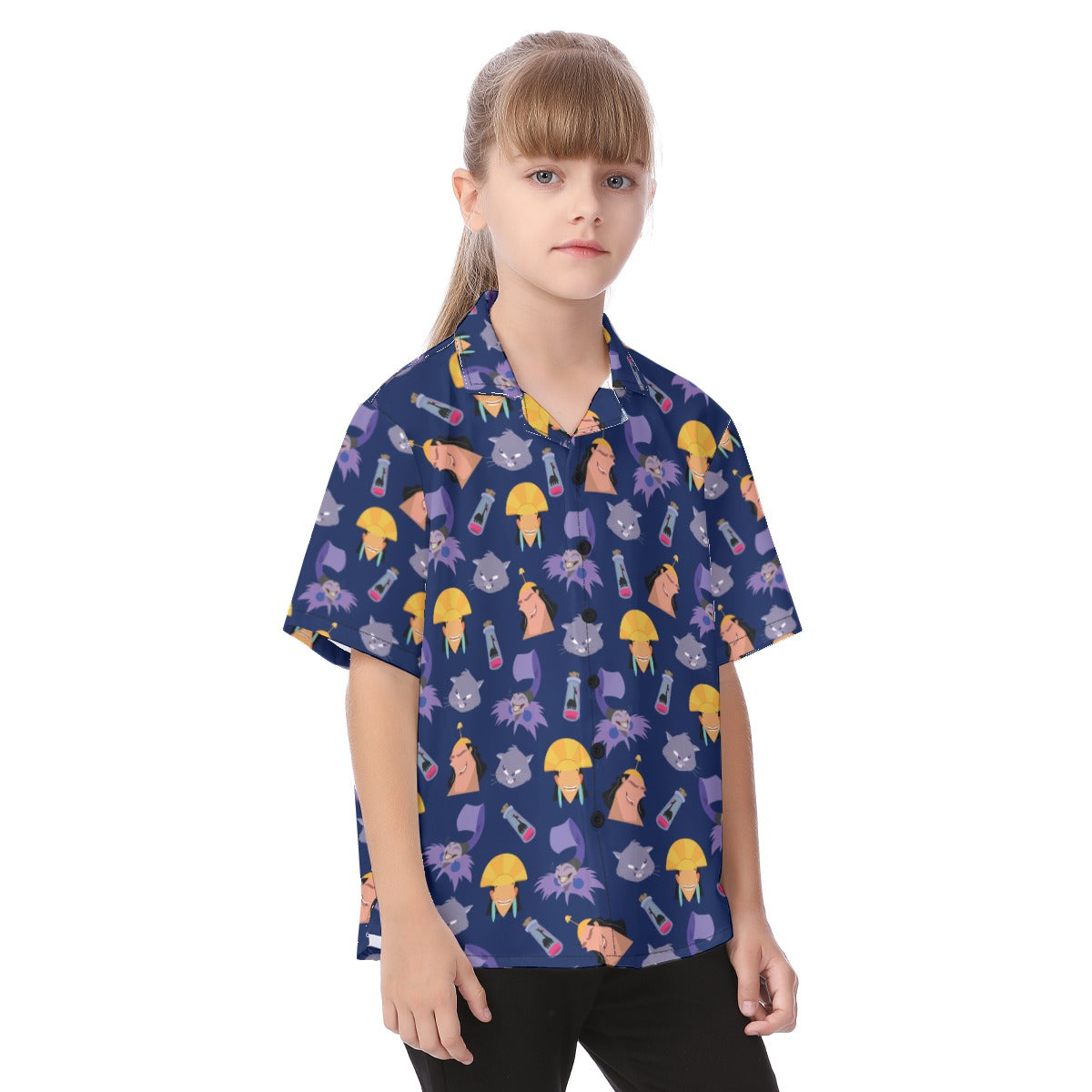 Yzma and Kuzco Button Up Kids Shirt, The Emperor's New Groove Costume, Halloween Aloha Shirt, Summer Trip Family Hawaiian, Characters Outfit