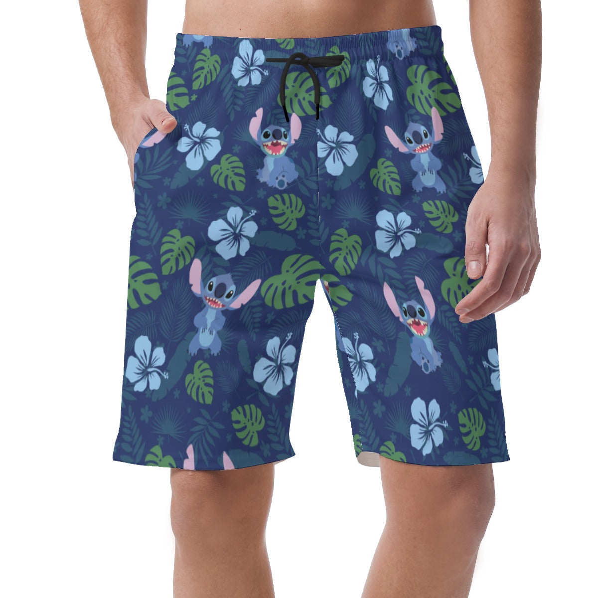 Stitch Summer Shorts, Blue Flower & Green Leaf Hawaii Pattern, Disney Vacation Cosplay, Easy Shorts, Elastic Waistband Shorts, Comfy Costume