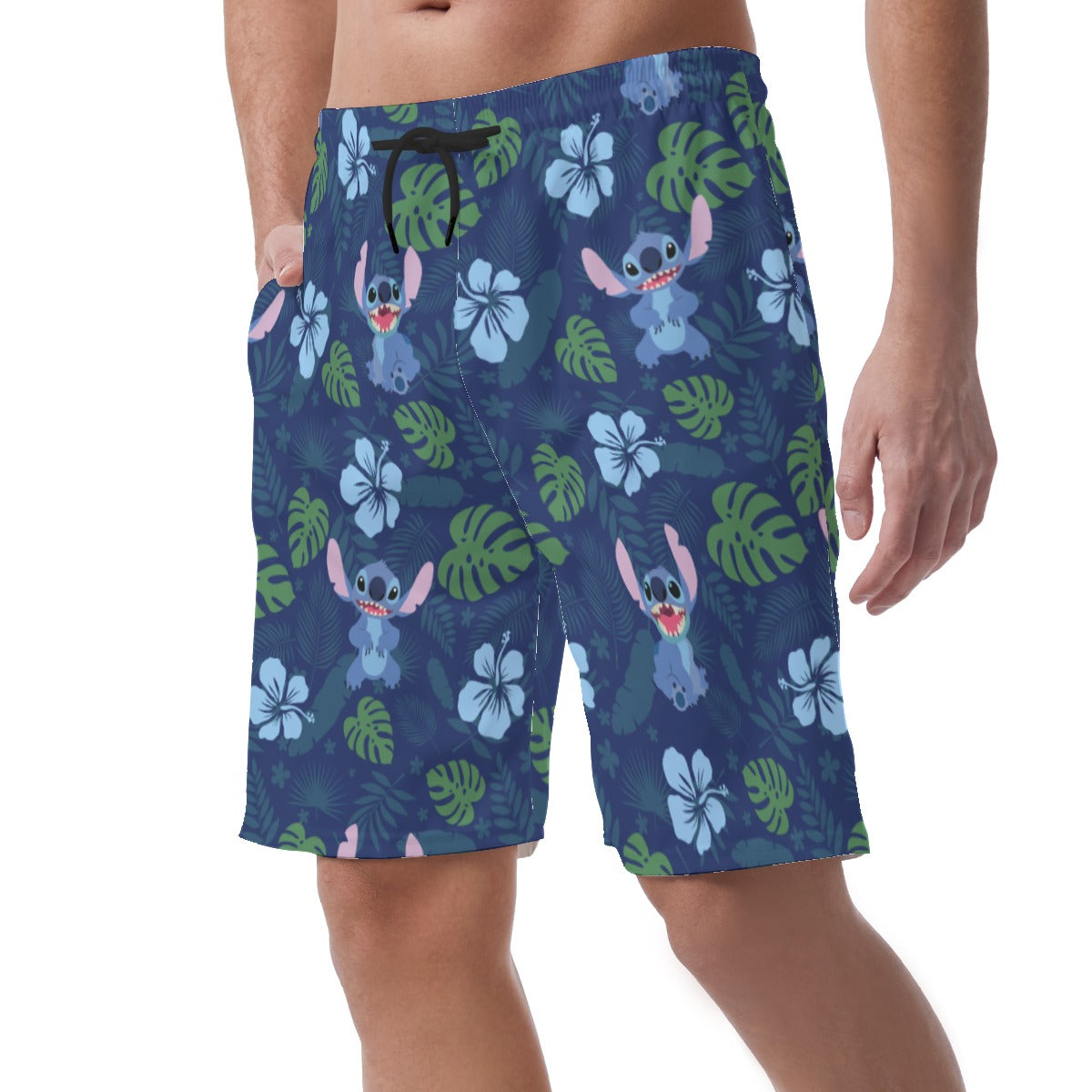 Stitch Summer Shorts, Blue Flower & Green Leaf Hawaii Pattern, Disney Vacation Cosplay, Easy Shorts, Elastic Waistband Shorts, Comfy Costume