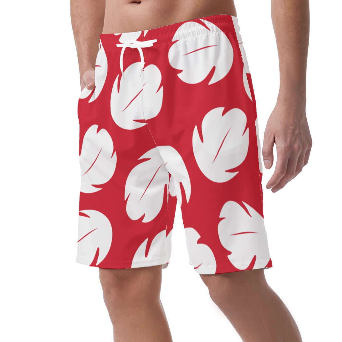 Lilo Men Summer Shorts, Red & White Leaf Hawaii Pattern, Disney Vacation Cosplay, Easy Shorts, Elastic Waistband Shorts, Pixar Comfy Costume
