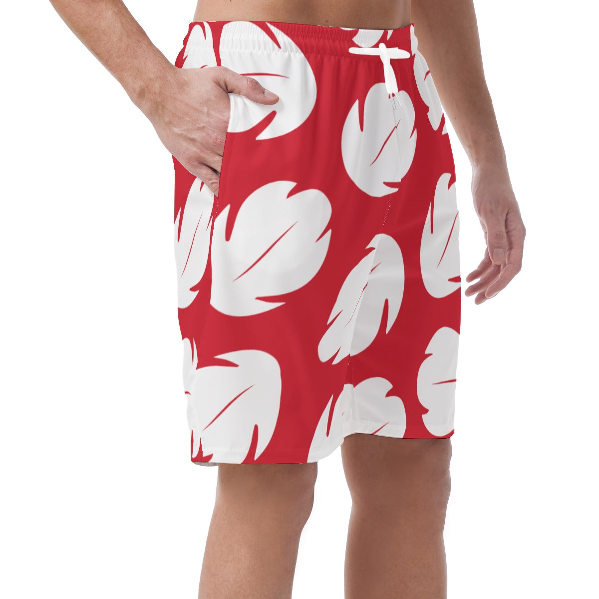 Lilo Men Summer Shorts, Red & White Leaf Hawaii Pattern, Disney Vacation Cosplay, Easy Shorts, Elastic Waistband Shorts, Pixar Comfy Costume