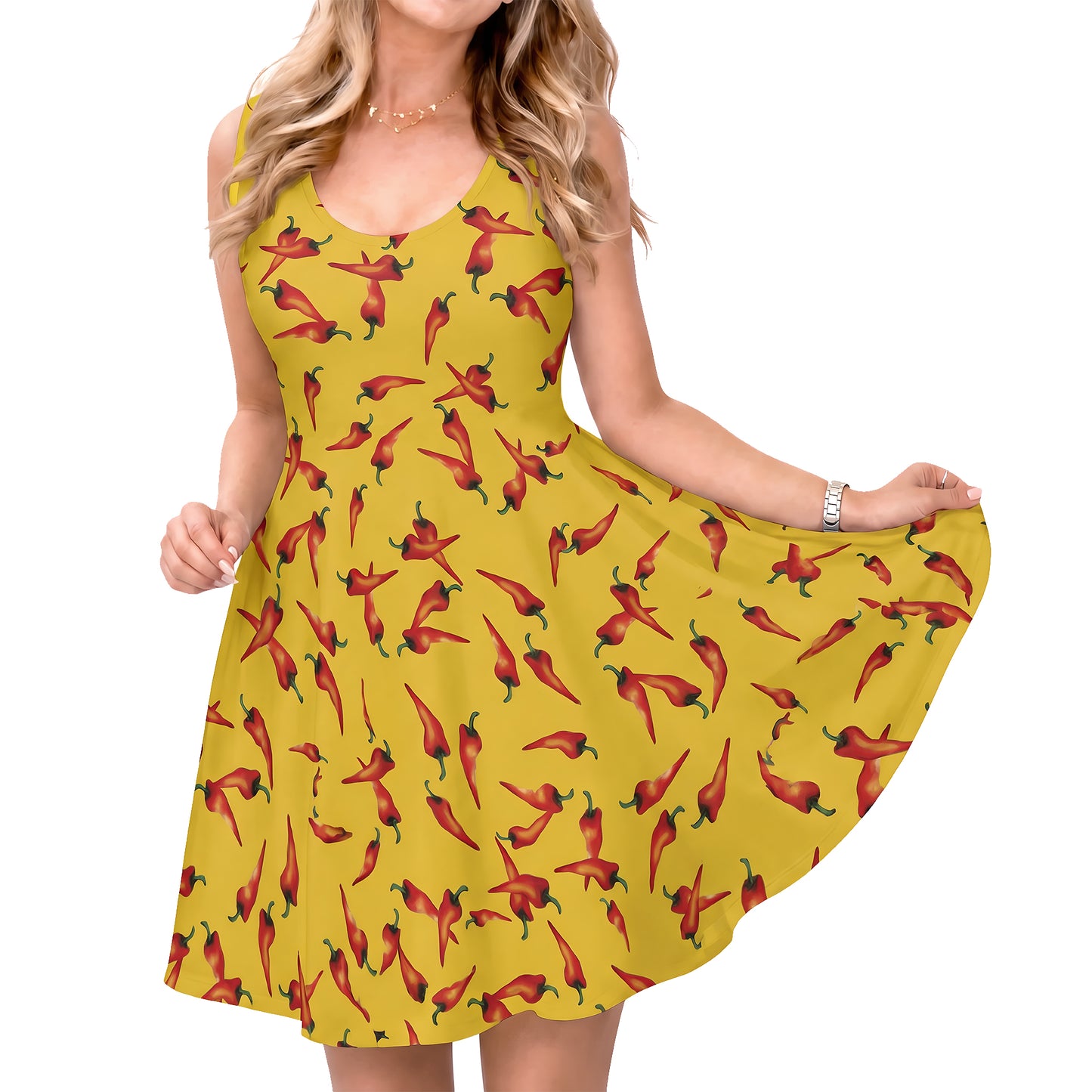 Gonzo Dress, The Puppet Show Aloha Dress, Yellow & Red Chili Pepper Hawaii Pattern, Hawaiian Dress, Cruise Skater Dress, Summer Beach Outfit