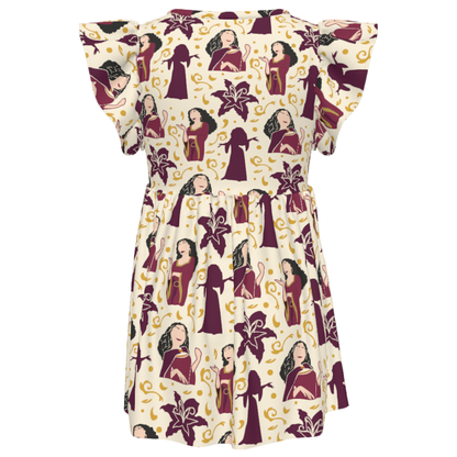 Mother Gothel Girls Ruffle Dress, Rapunzel Villain Mother Gothel Pattern Costume