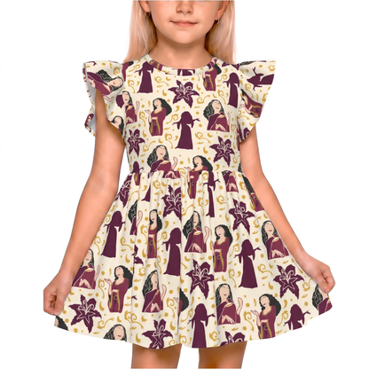 Mother Gothel Girls Ruffle Dress, Rapunzel Villain Mother Gothel Pattern Costume