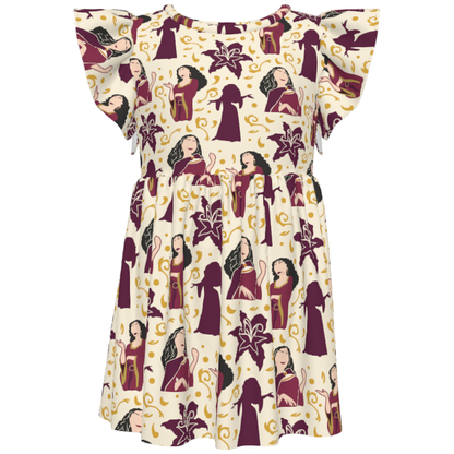 Mother Gothel Girls Ruffle Dress, Rapunzel Villain Mother Gothel Pattern Costume