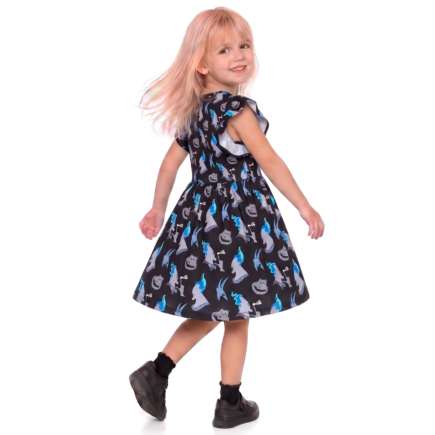 Hades Pain and Panic Girls Ruffle Dress, Hercules Villain Pattern Costume