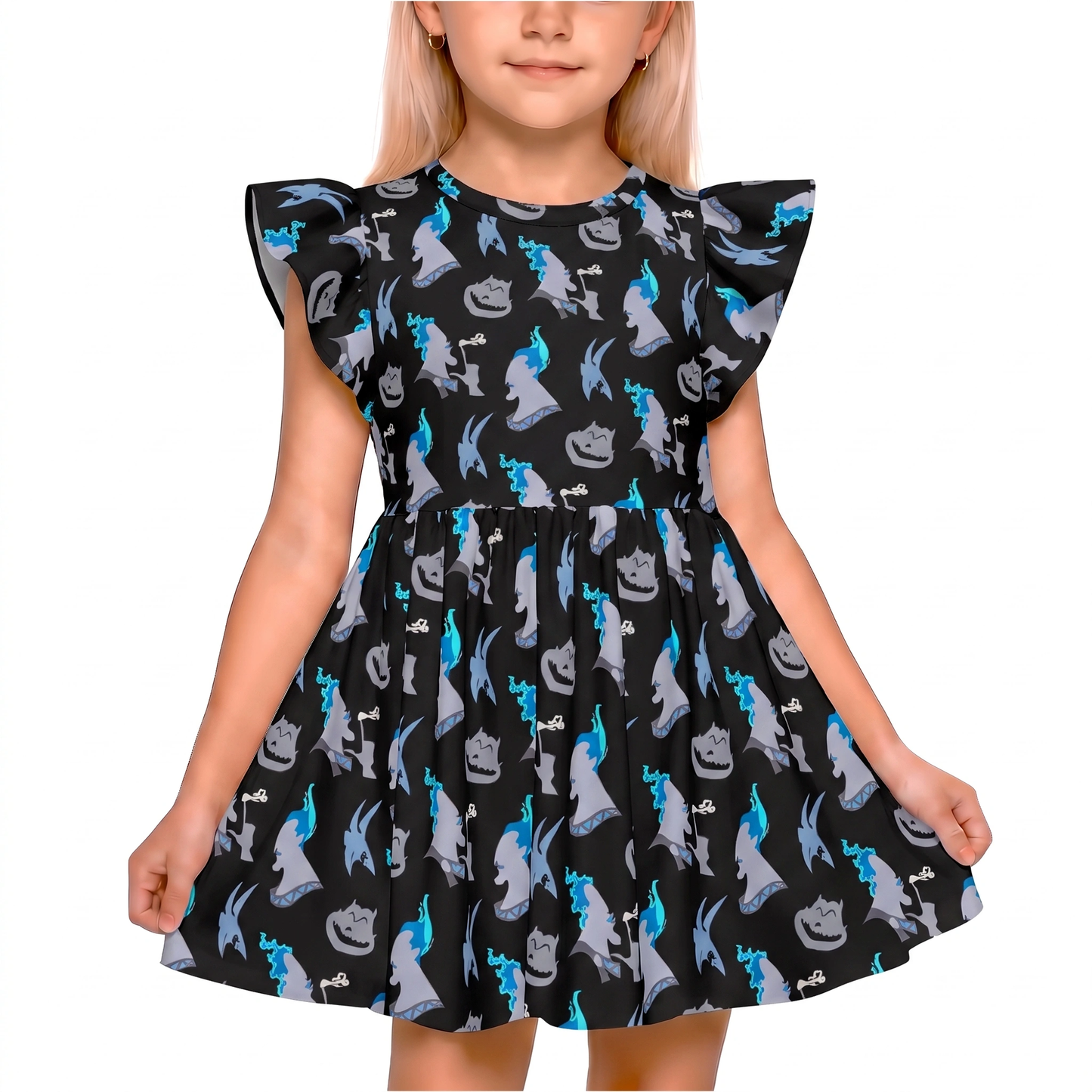 Hades Pain and Panic Girls Ruffle Dress, Hercules Villain Pattern Costume