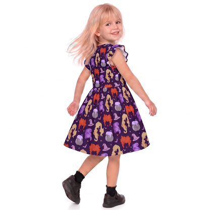Sanderson Sisters Girls Ruffle Dress, Hocus Pocus Villains Pattern Purple Costume
