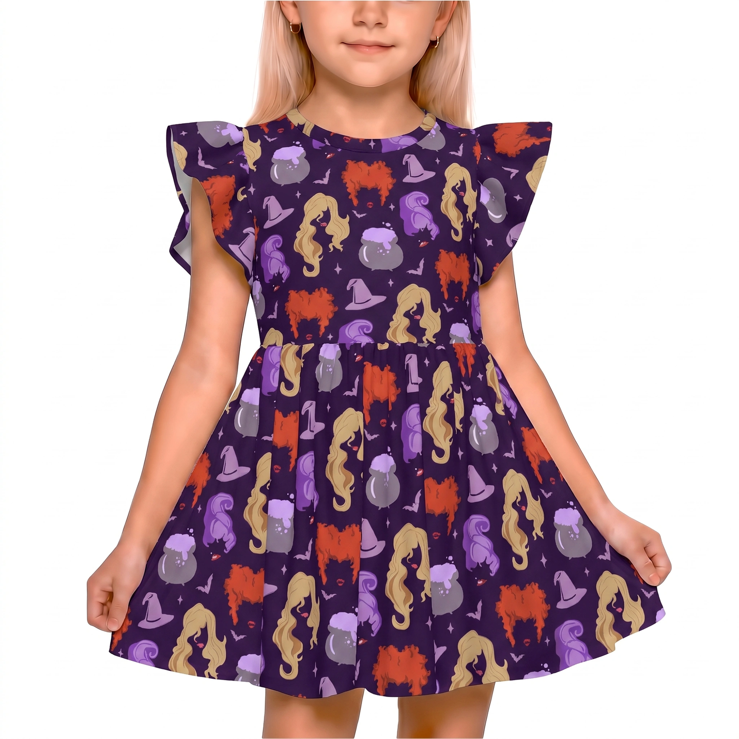 Sanderson Sisters Girls Ruffle Dress, Hocus Pocus Villains Pattern Purple Costume