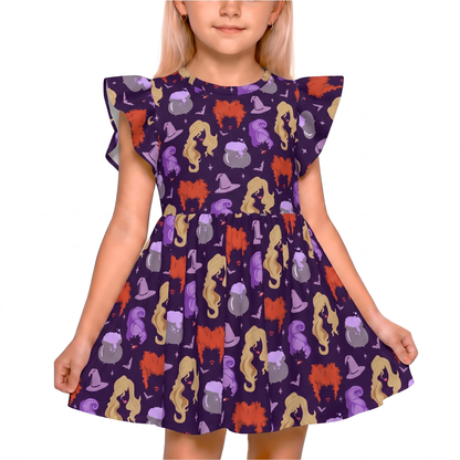 Sanderson Sisters Girls Ruffle Dress, Hocus Pocus Villains Pattern Purple Costume