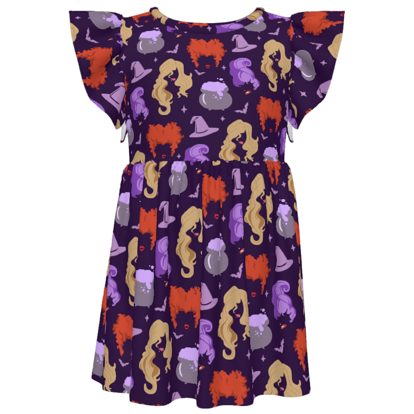 Sanderson Sisters Girls Ruffle Dress, Hocus Pocus Villains Pattern Purple Costume
