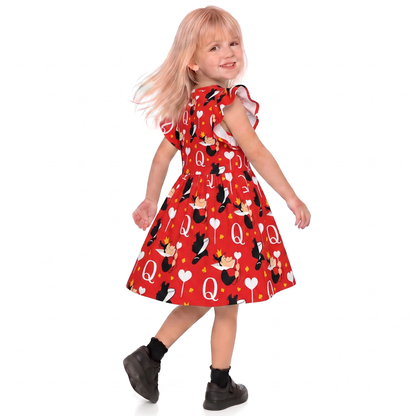 Queen of Hearts Girls Ruffle Dress, Alice in Wonderland Villain Pattern Red Costume