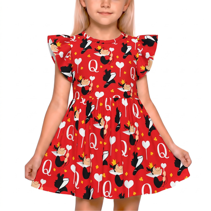 Queen of Hearts Girls Ruffle Dress, Alice in Wonderland Villain Pattern Red Costume