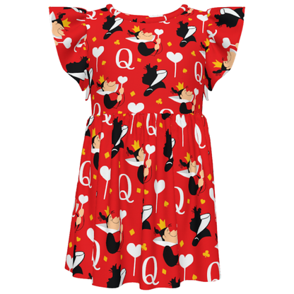 Queen of Hearts Girls Ruffle Dress, Alice in Wonderland Villain Pattern Red Costume