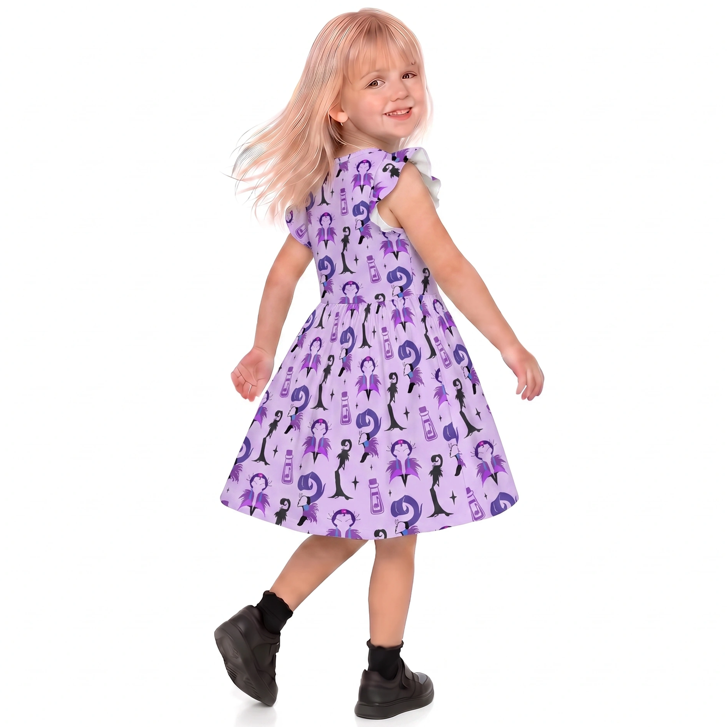 Yzma Kuzco Poison Llama Girls Ruffle Dress, The Emperor's New Groove Villain Pattern Purple Costume
