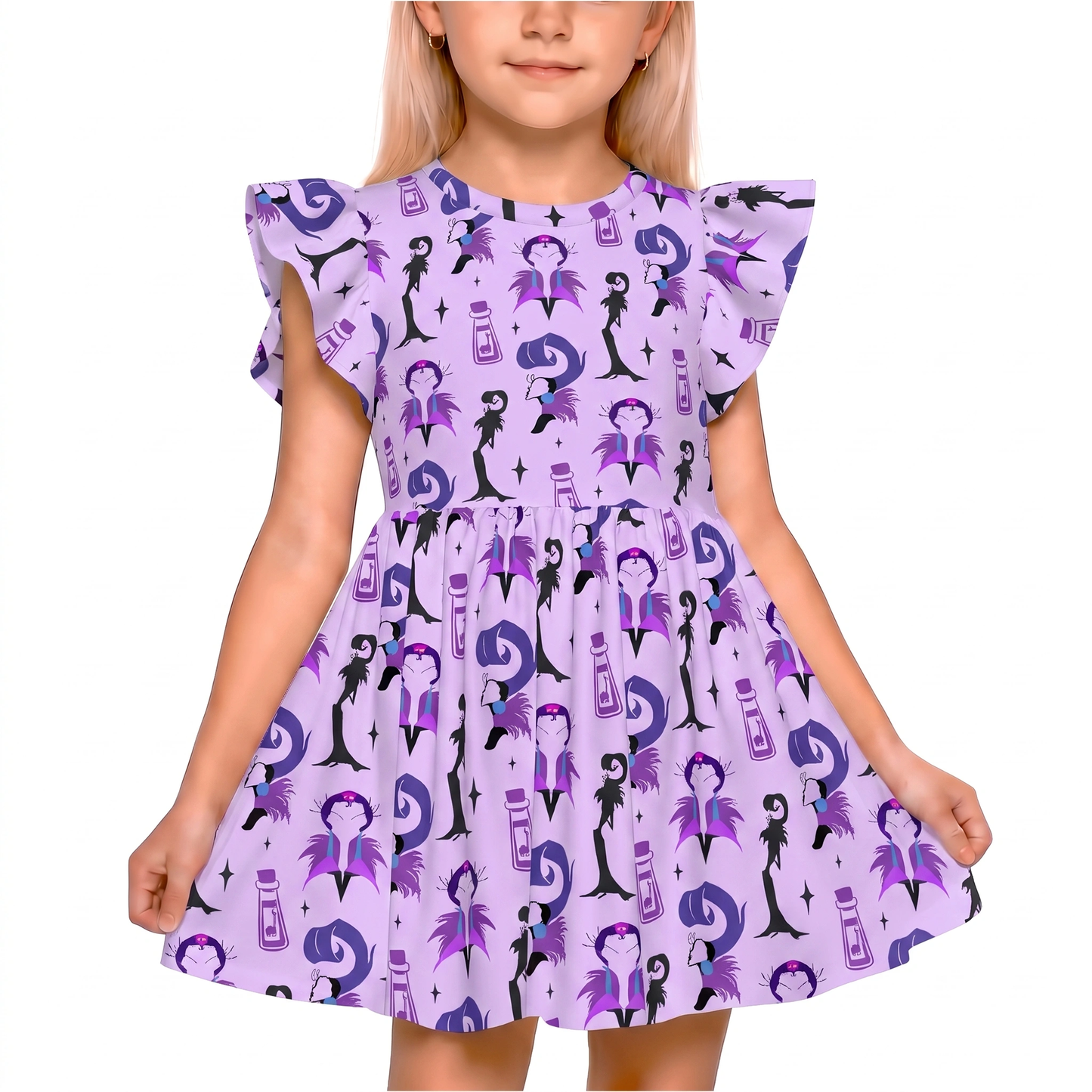Yzma Kuzco Poison Llama Girls Ruffle Dress, The Emperor's New Groove Villain Pattern Purple Costume
