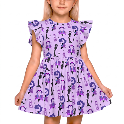 Yzma Kuzco Poison Llama Girls Ruffle Dress, The Emperor's New Groove Villain Pattern Purple Costume