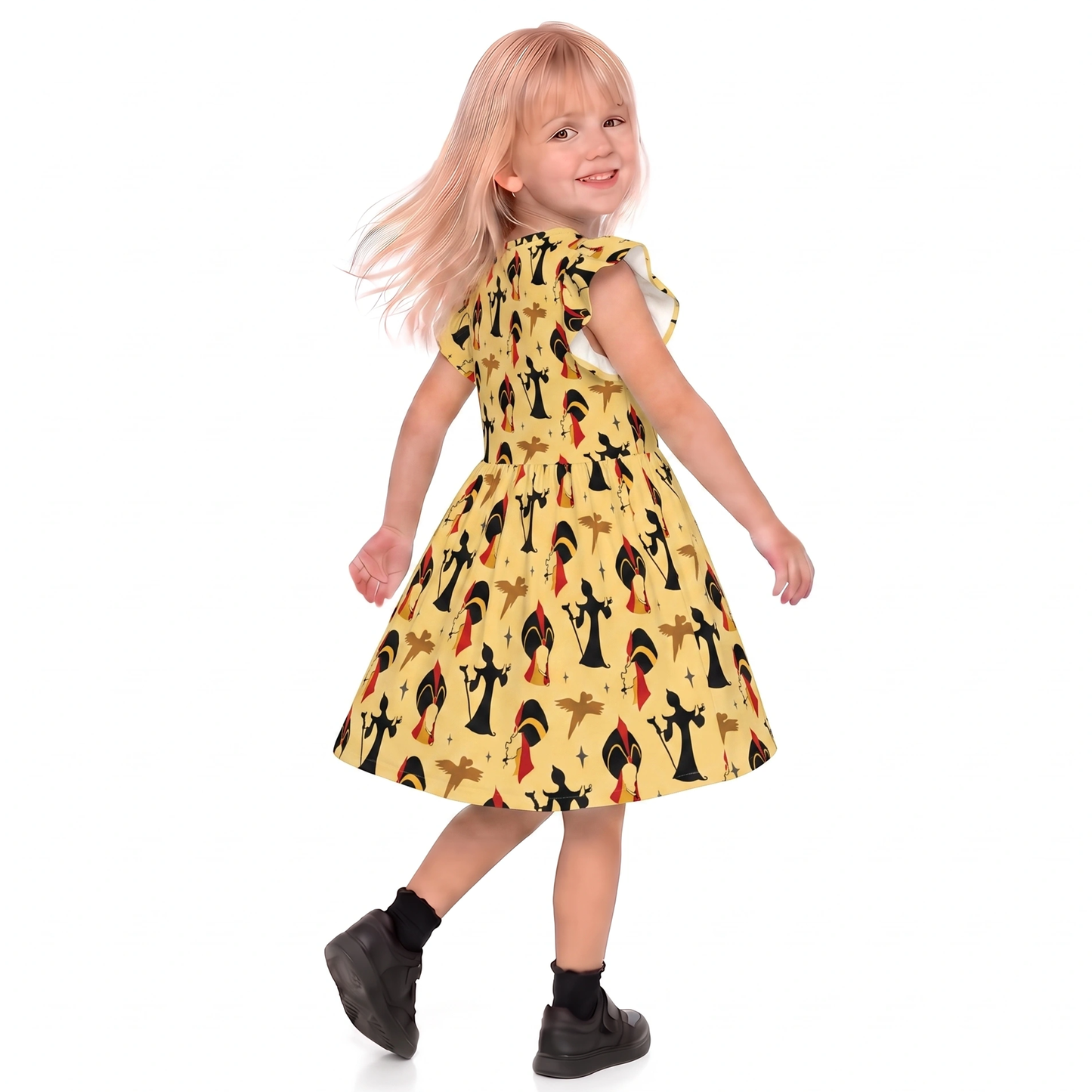 Jafar Girls Ruffle Dress, Aladdin Villain Pattern Yellow Twirl Dress