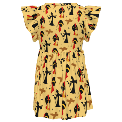 Jafar Girls Ruffle Dress, Aladdin Villain Pattern Yellow Twirl Dress