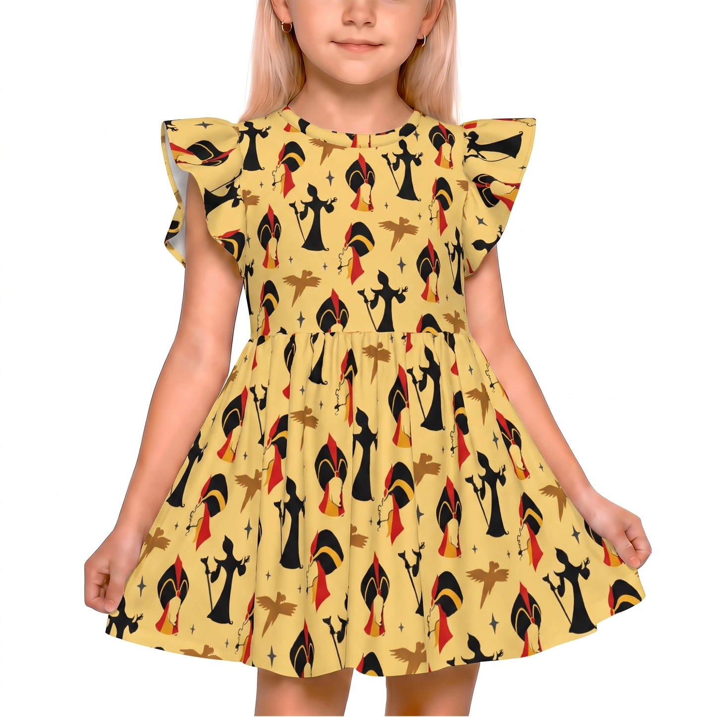 Jafar Girls Ruffle Dress, Aladdin Villain Pattern Yellow Twirl Dress