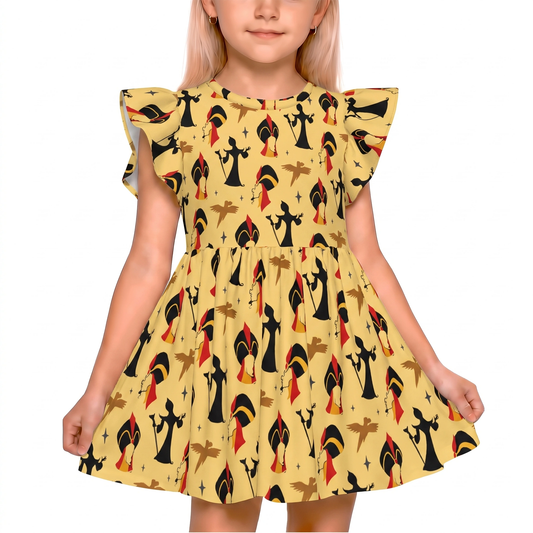 Jafar Girls Ruffle Dress, Aladdin Villain Pattern Yellow Twirl Dress