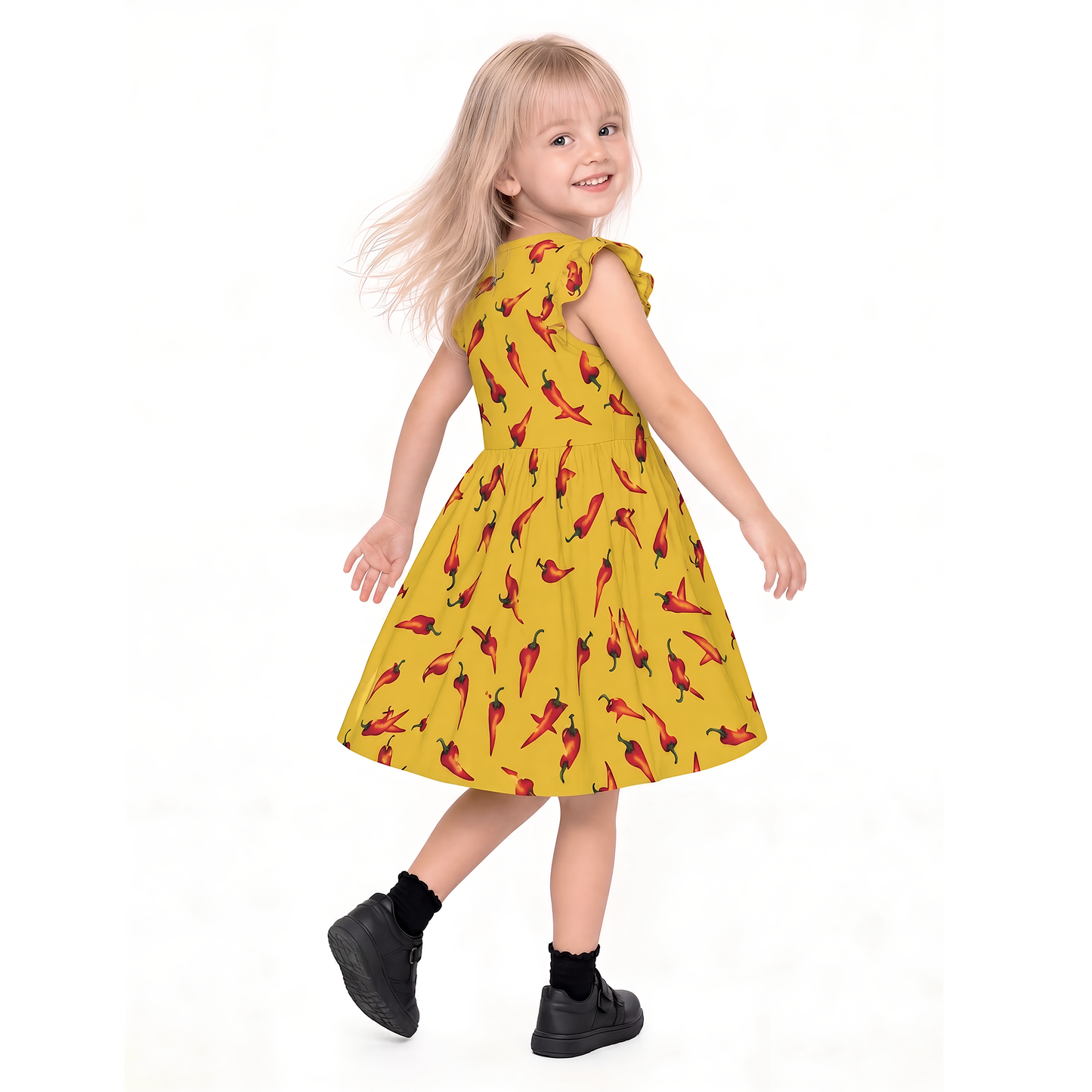 Gonzo Girl Ruffle Dress, Toddler Twirl Dress, Kids Outfit, Youth Dress, Puppet Show Aloha Dress, Yellow & Red Chili Pepper Hawaii Pattern