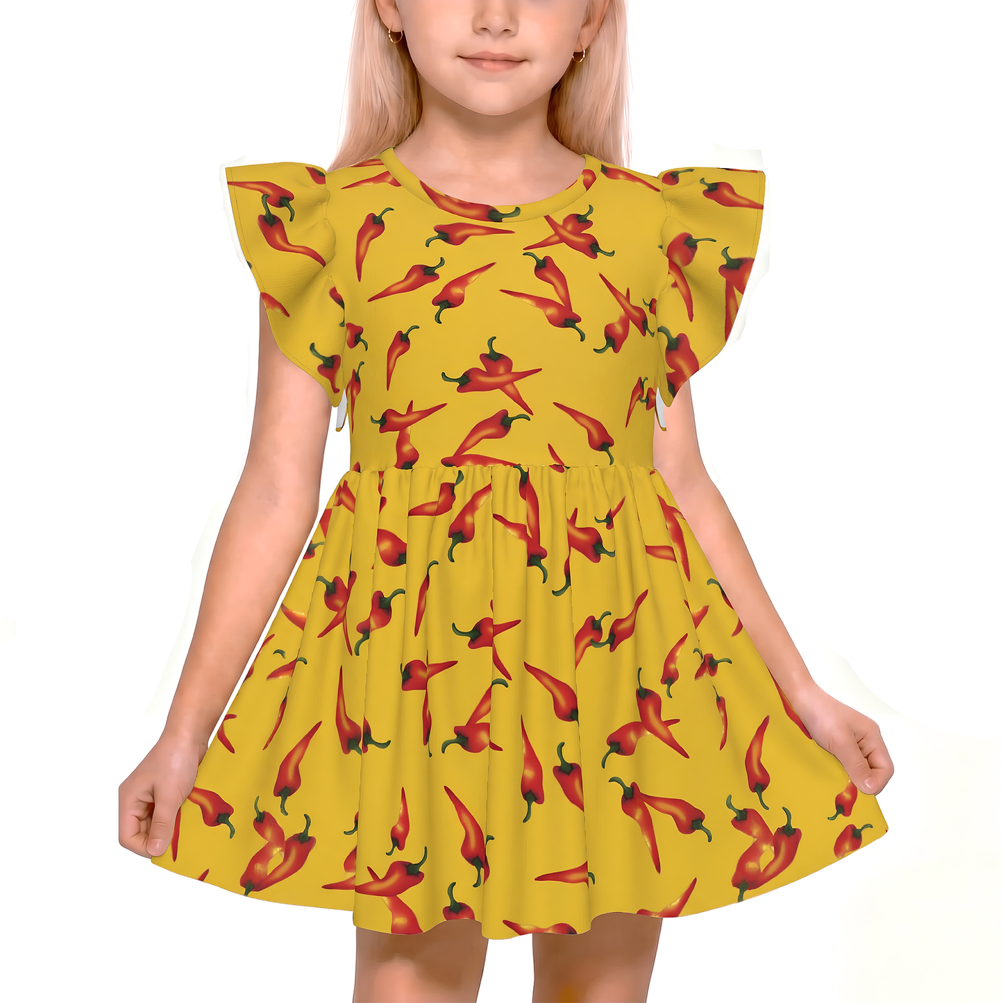 Gonzo Girl Ruffle Dress, Toddler Twirl Dress, Kids Outfit, Youth Dress, Puppet Show Aloha Dress, Yellow & Red Chili Pepper Hawaii Pattern