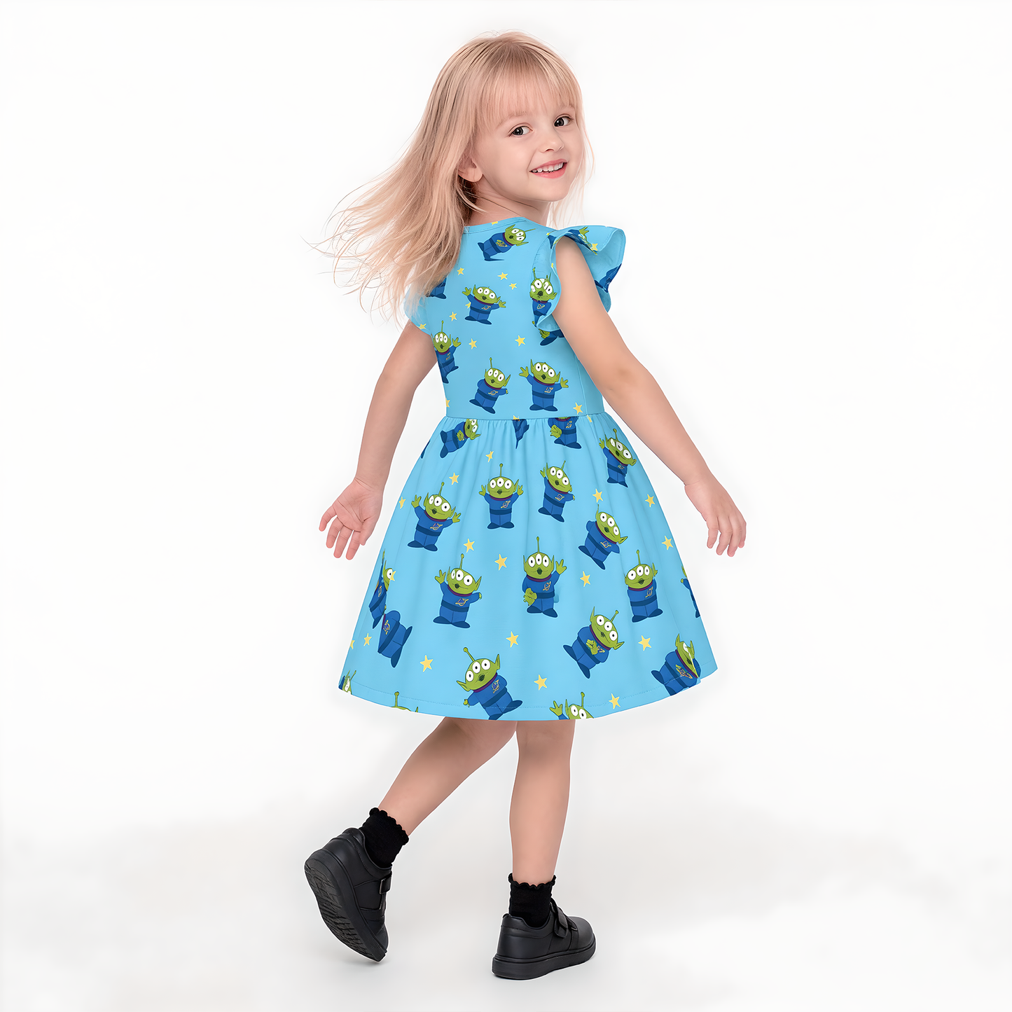 Little Green Aliens Girls Ruffle Dress, Toy Story Pattern Blue Costume