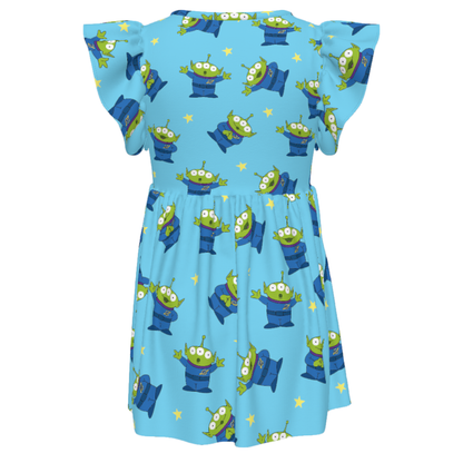 Little Green Aliens Girls Ruffle Dress, Toy Story Pattern Blue Costume