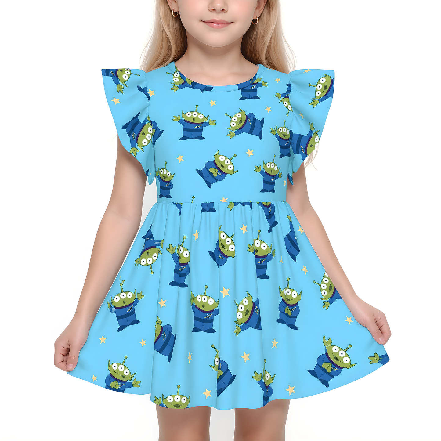 Little Green Aliens Girls Ruffle Dress, Toy Story Pattern Blue Costume