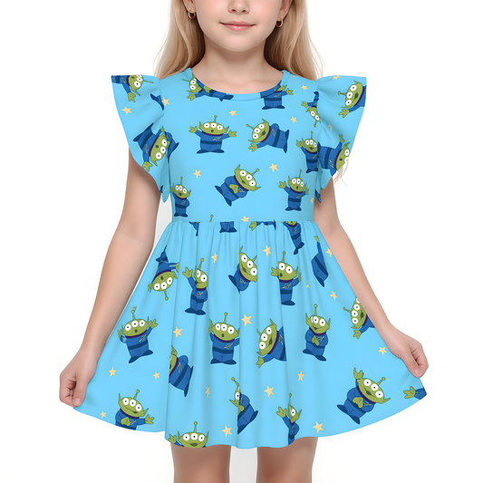 Little Green Aliens Girls Ruffle Dress, Toy Story Pattern Blue Costume