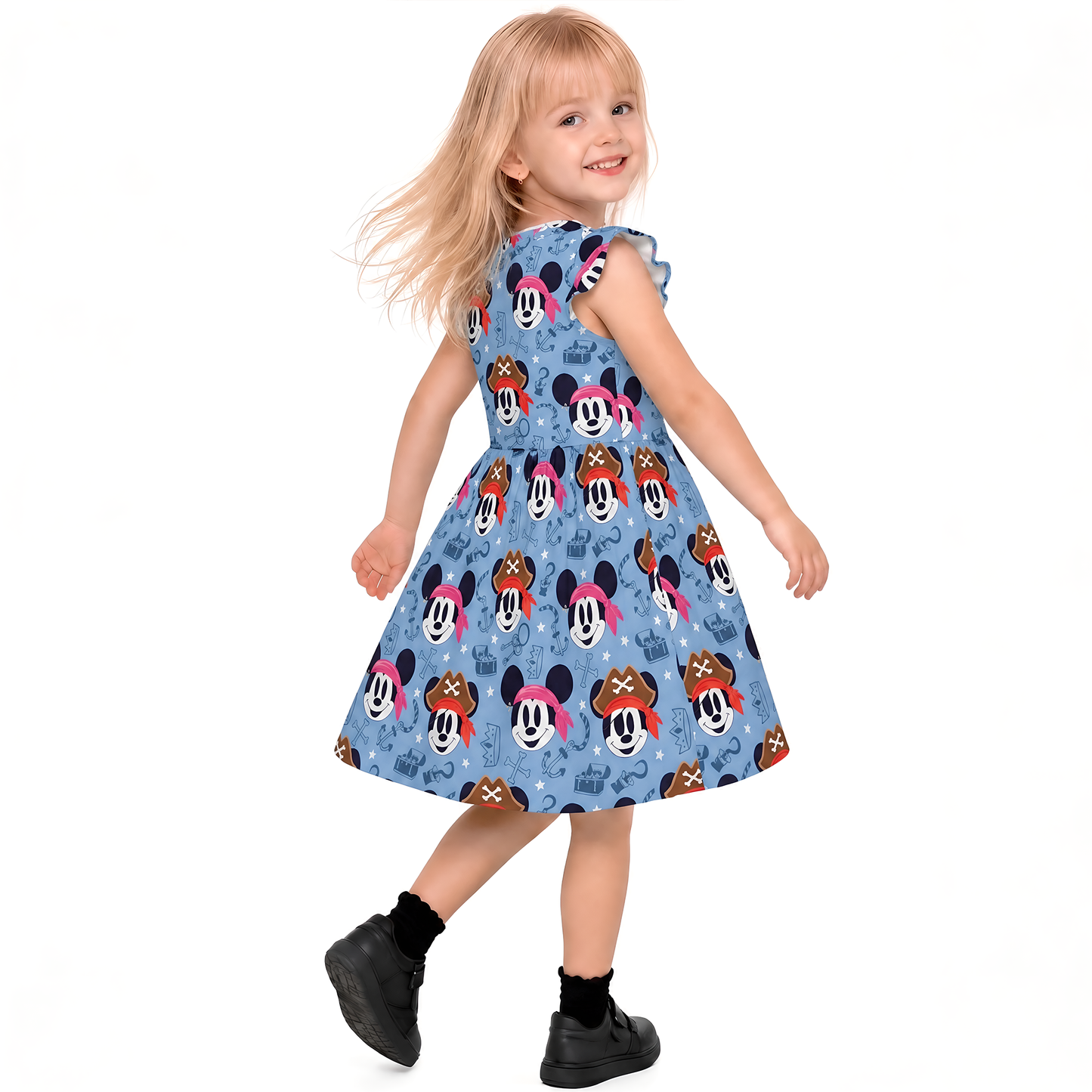 Mickey Pirate Girls Ruffle Dress, Mickey Minnie Pirate Pattern Costume