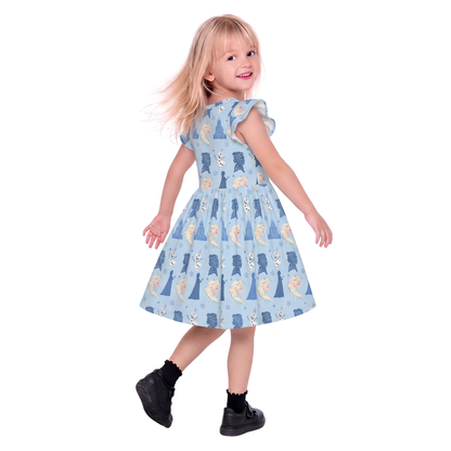 Elsa Snowflake Olaf Blue Girls Ruffle Dress, Frozen Dress