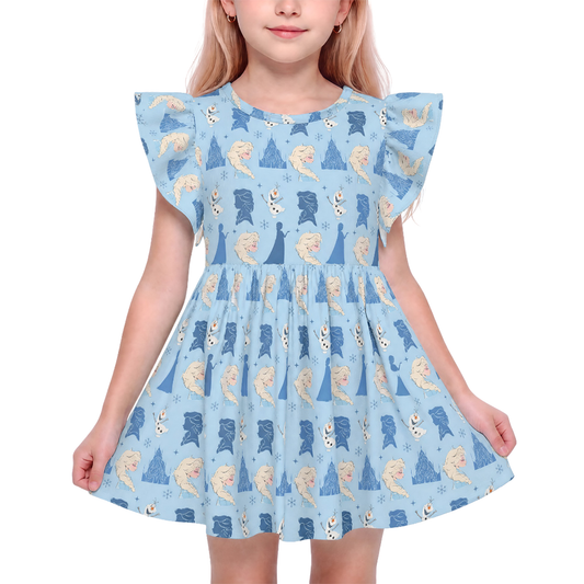 Elsa Snowflake Olaf Blue Girls Ruffle Dress, Frozen Dress