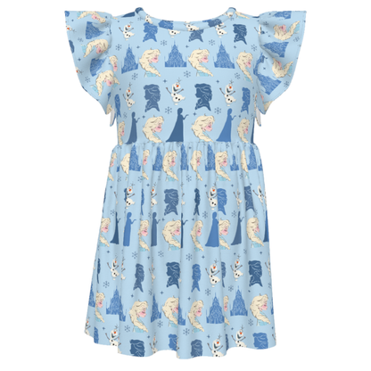 Elsa Snowflake Olaf Blue Girls Ruffle Dress, Frozen Dress