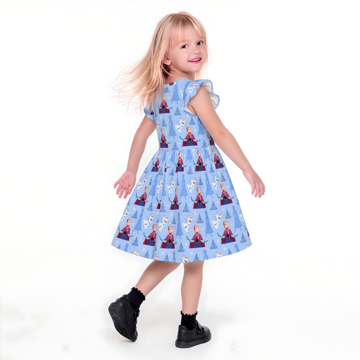 Anna Arendelle Snowflake Olaf Blue Girls Ruffle Dress, Frozen Dress
