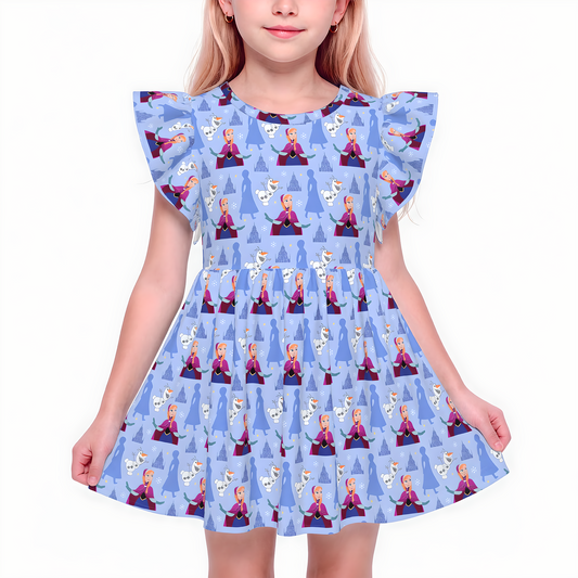 Anna Arendelle Snowflake Olaf Blue Girls Ruffle Dress, Frozen Dress
