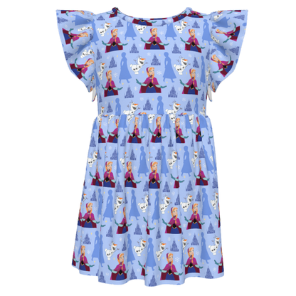 Anna Arendelle Snowflake Olaf Blue Girls Ruffle Dress, Frozen Dress