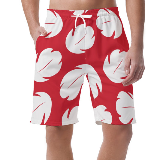 Lilo Men Summer Shorts, Red & White Leaf Hawaii Pattern, Disney Vacation Cosplay, Easy Shorts, Elastic Waistband Shorts, Pixar Comfy Costume